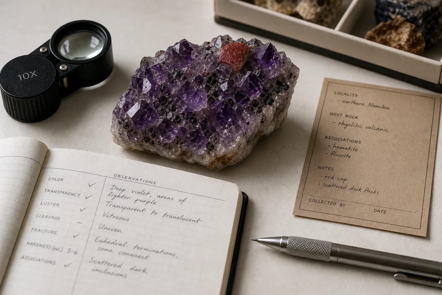 Amethyst specimen review separating red cap appearance, hematite language, and Thunder Bay provenance