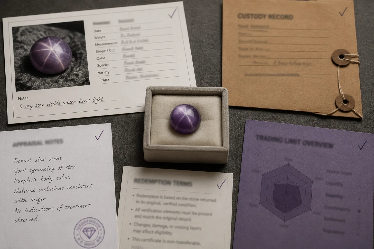 Tokenized gemstone claim layers showing a star stone, custody records, appraisal notes, redemption terms, and trading limits