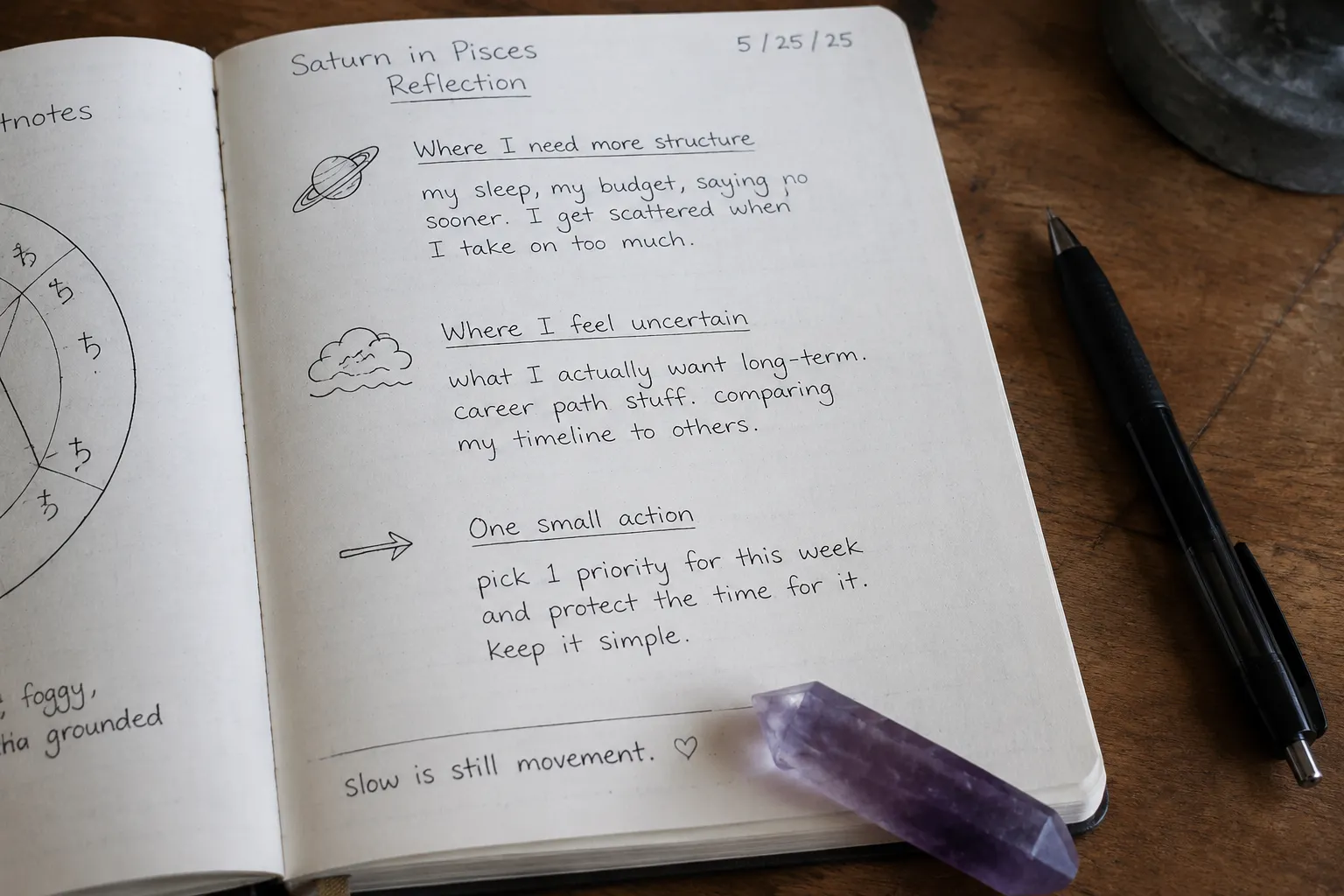 A journal practice with amethyst, separating Saturn structure, Neptune uncertainty, and Aries action into written prompts