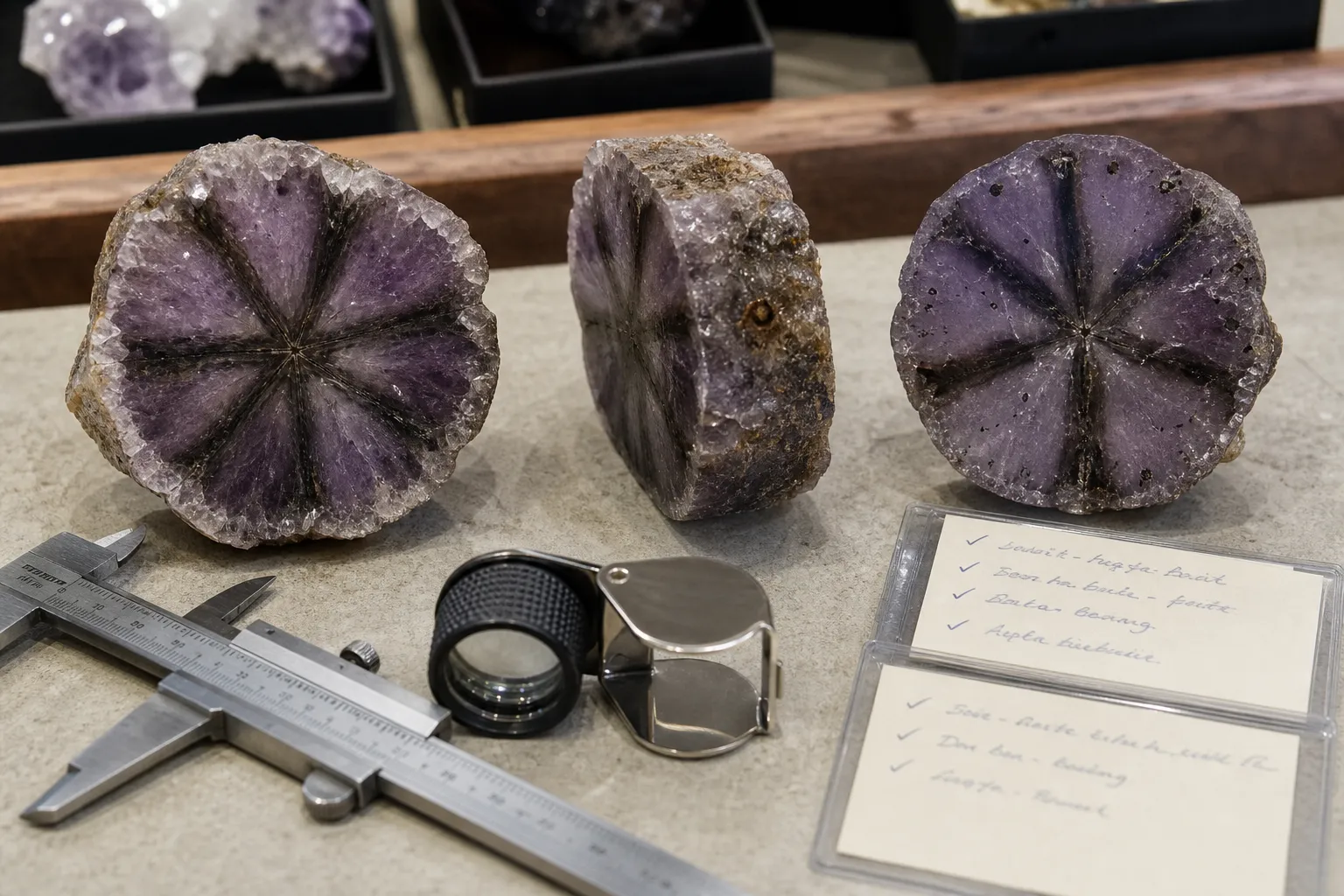Collector review of trapiche-like amethyst evidence with a radial face, side view, lighting comparison, and treatment notes