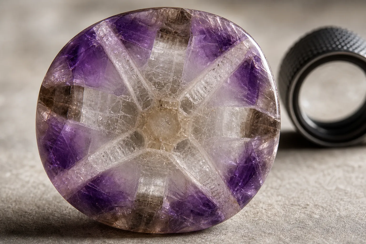 Trapiche-like amethyst slice showing a central hub, radial arms, and sector-defined growth inside purple quartz