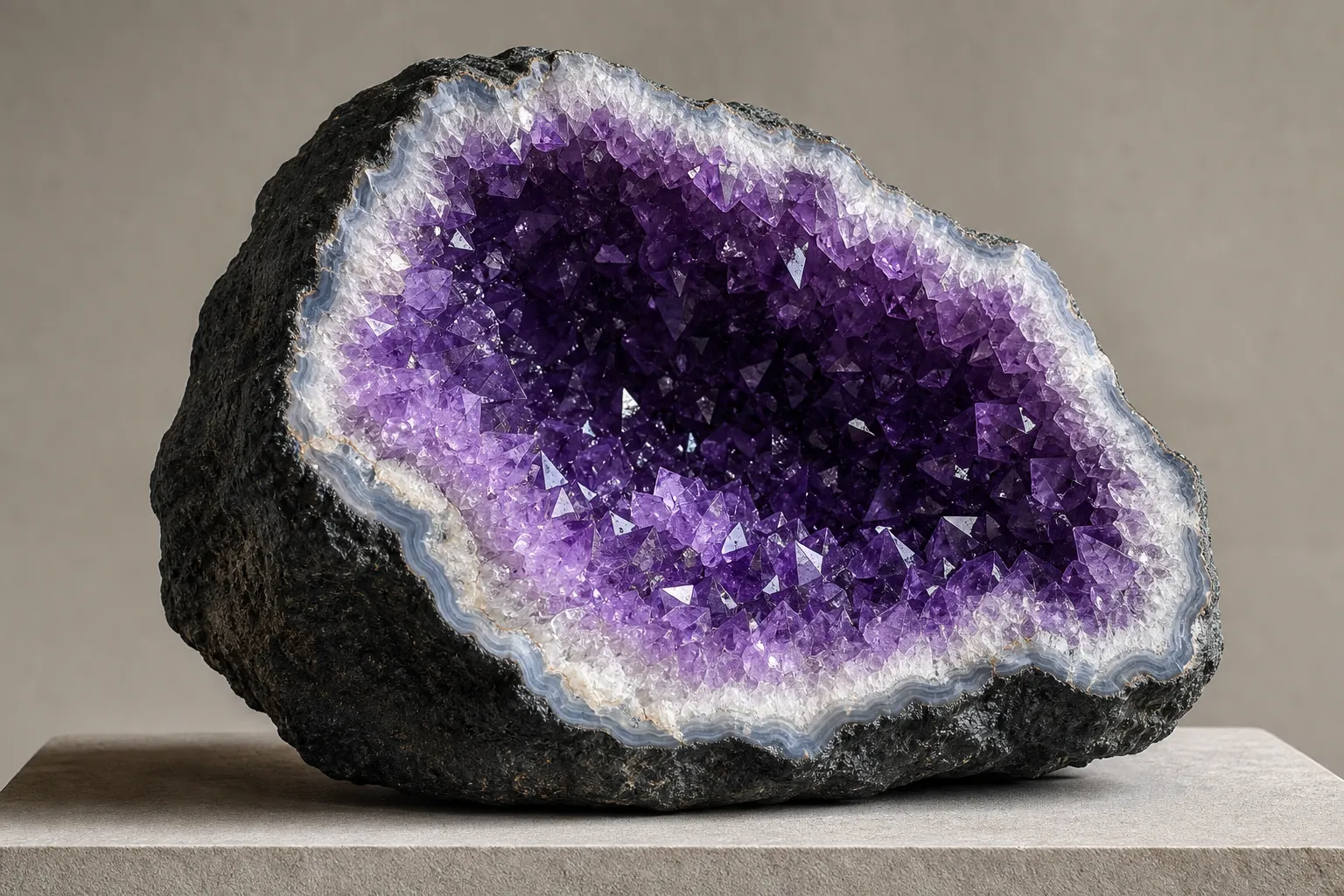 Uruguayan amethyst geode showing saturated violet crystals, visible points, and a natural cavity shape