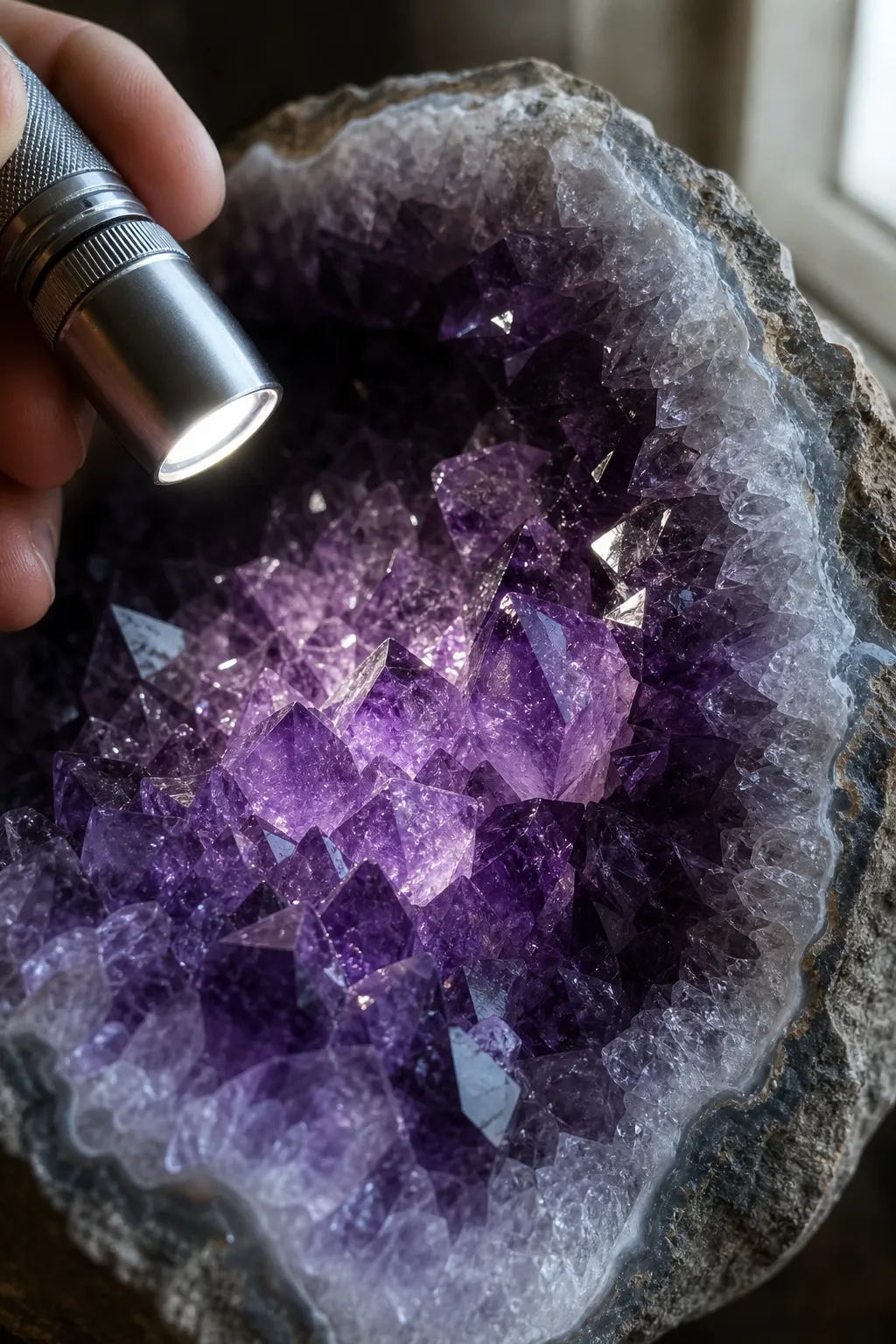 Close view of amethyst crystal faces with violet color, translucent edges, and geode structure