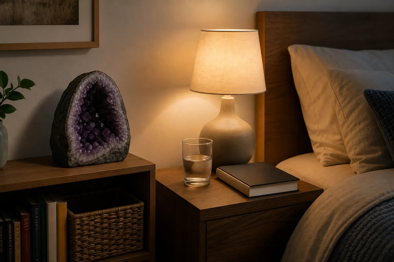 A calm bedroom placement for an amethyst geode that avoids clutter and sharp edges
