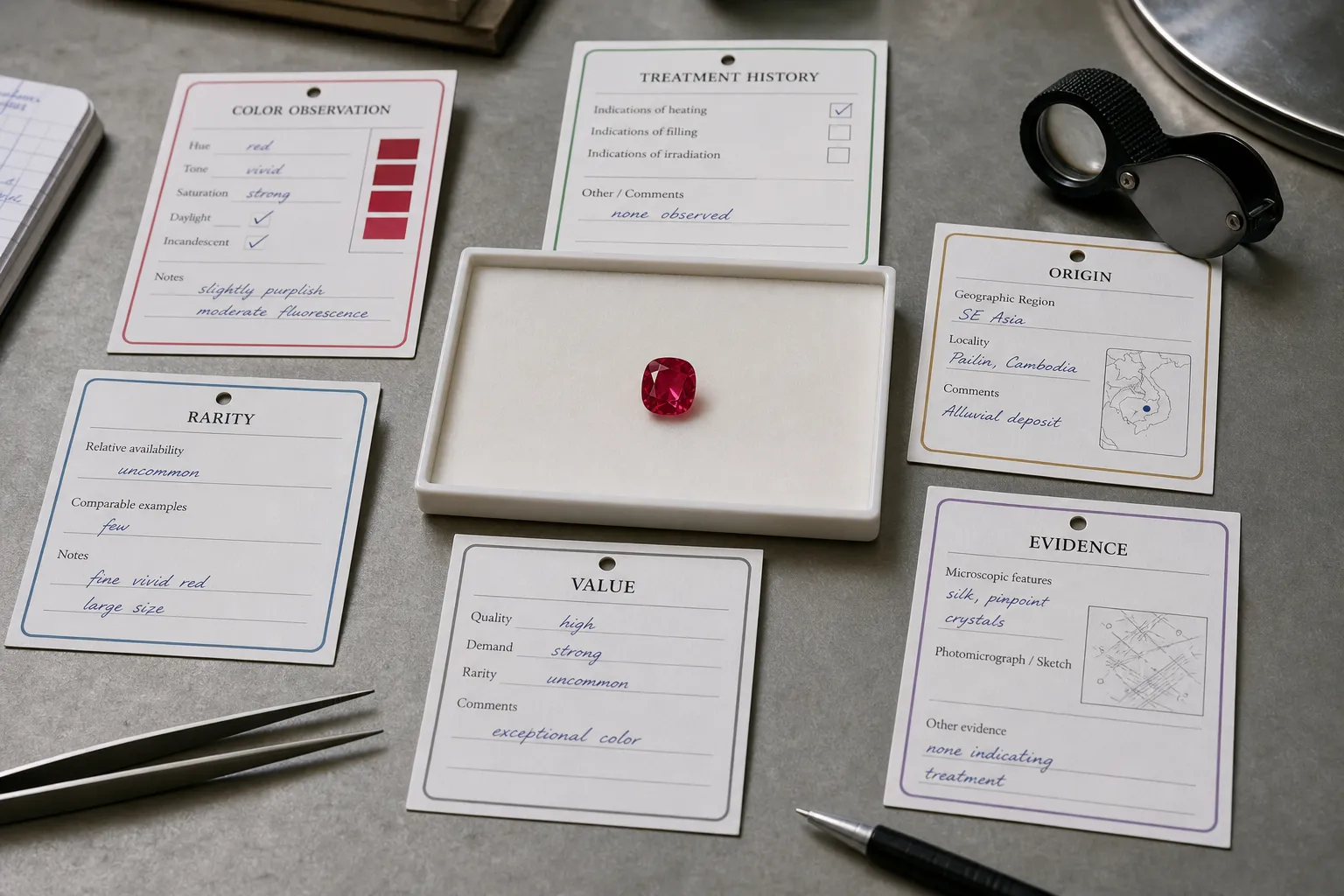 Gemstone color claims separated from treatment history, natural origin, rarity, and value