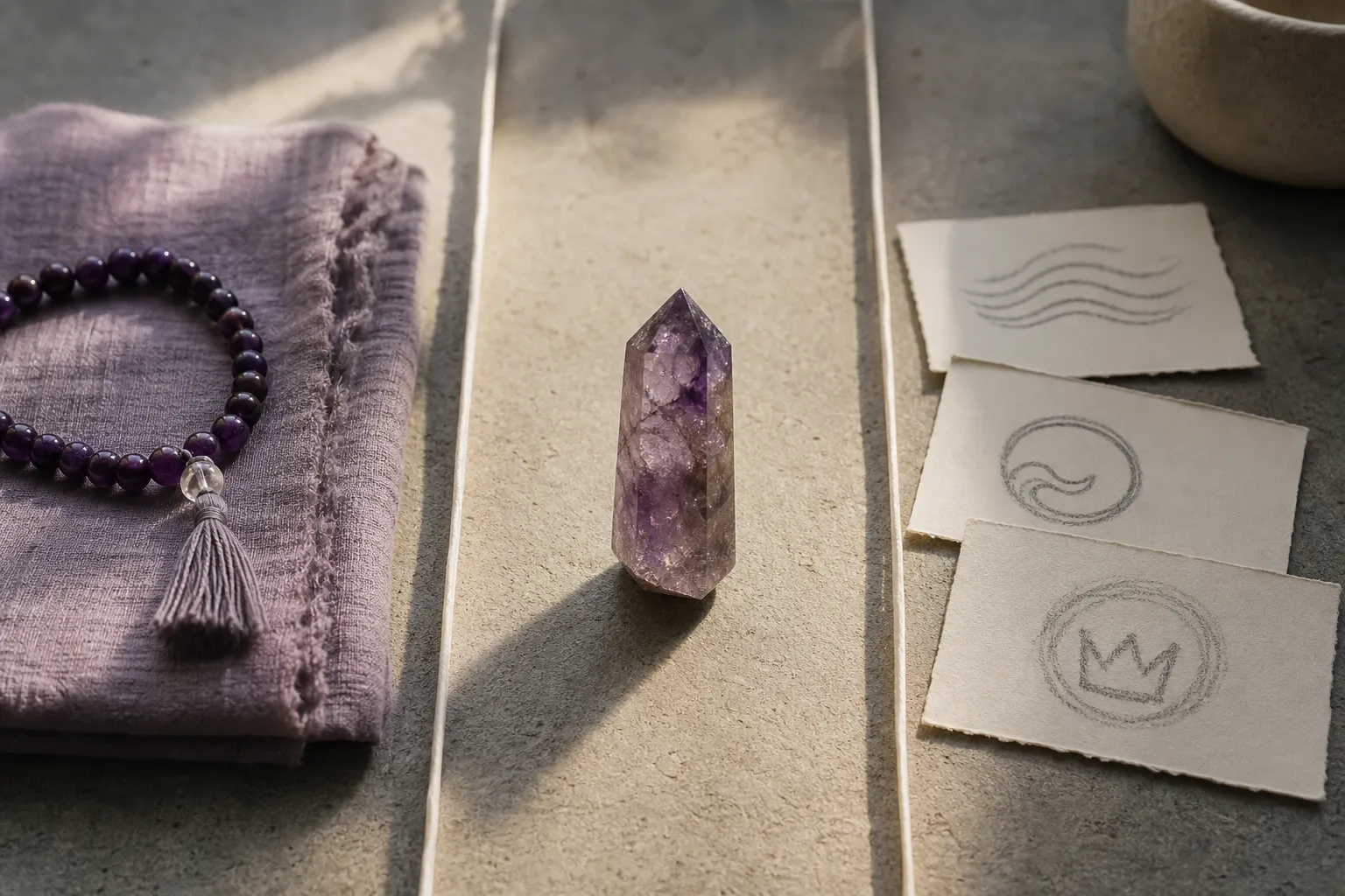 Vera Cruz amethyst shown beside simple meditation items while scientific and spiritual claims remain visually distinct