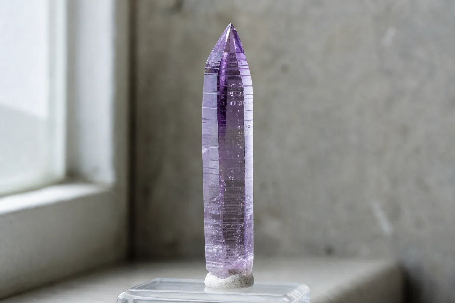 A slender pale lavender Vera Cruz Amethyst-style point showing an elongated prismatic body tapering toward the termination