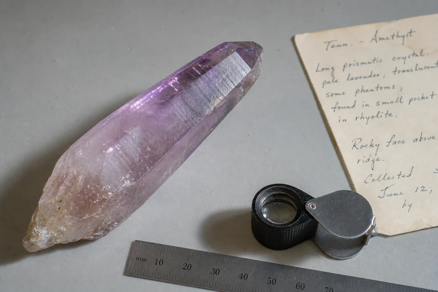 A labeled pale lavender amethyst point shown with visible shape details and a separate note emphasizing documentation over appearance