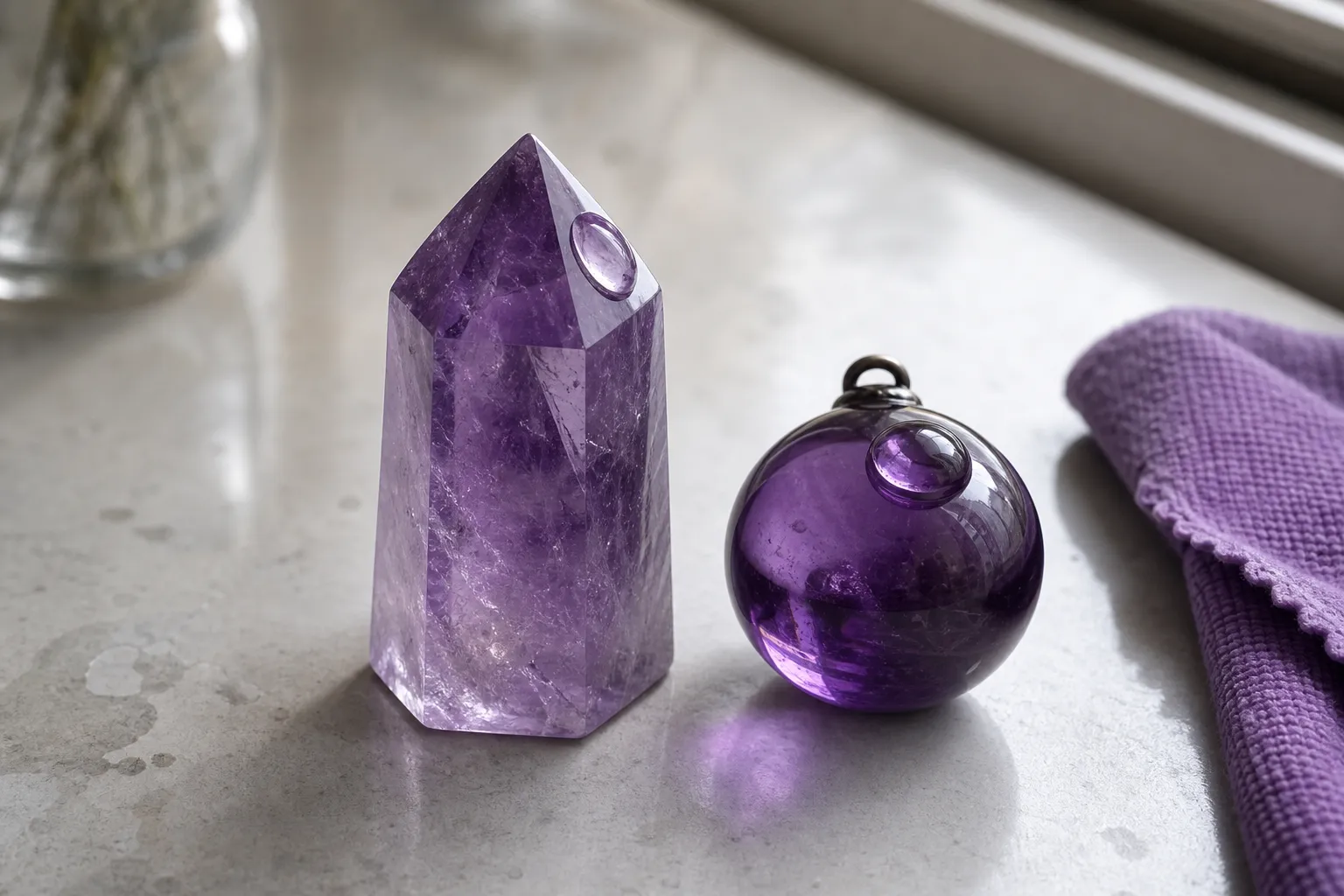 Purple glass and amethyst-like objects compared as examples where finish and residue can affect water behavior