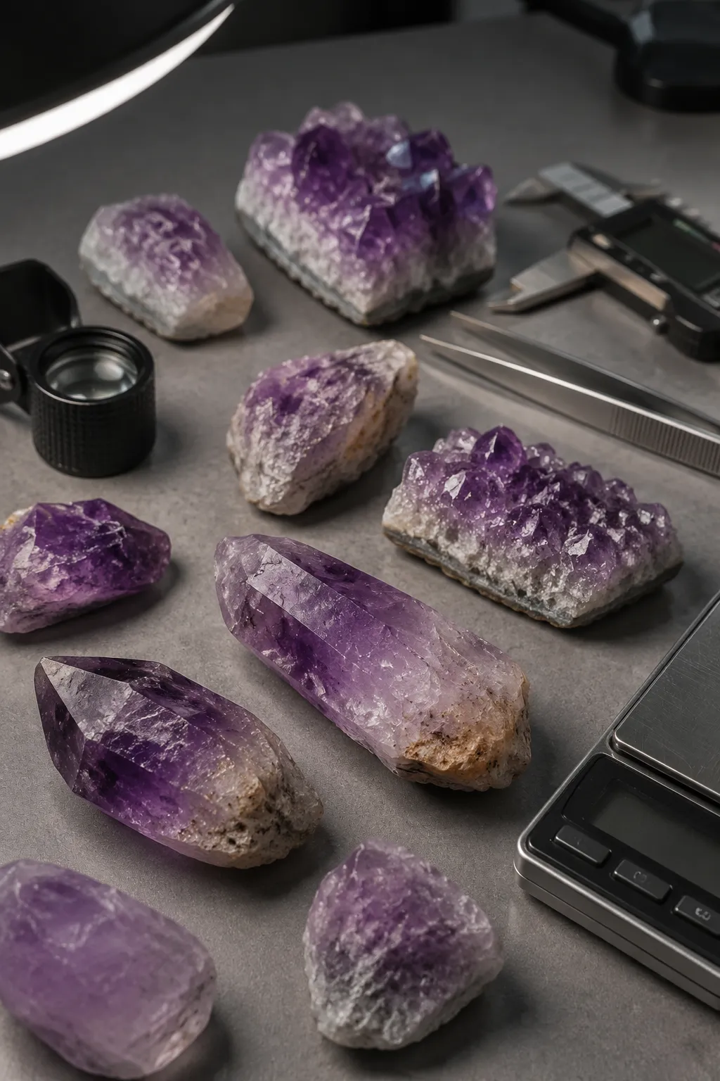 Amethyst samples checked under neutral light for color strength, zoning, clarity, and saleable weight
