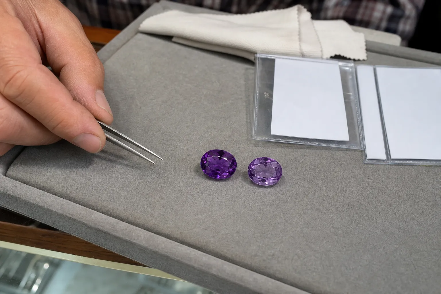 Buyer comparing a vivid included amethyst with a cleaner paler amethyst under normal light