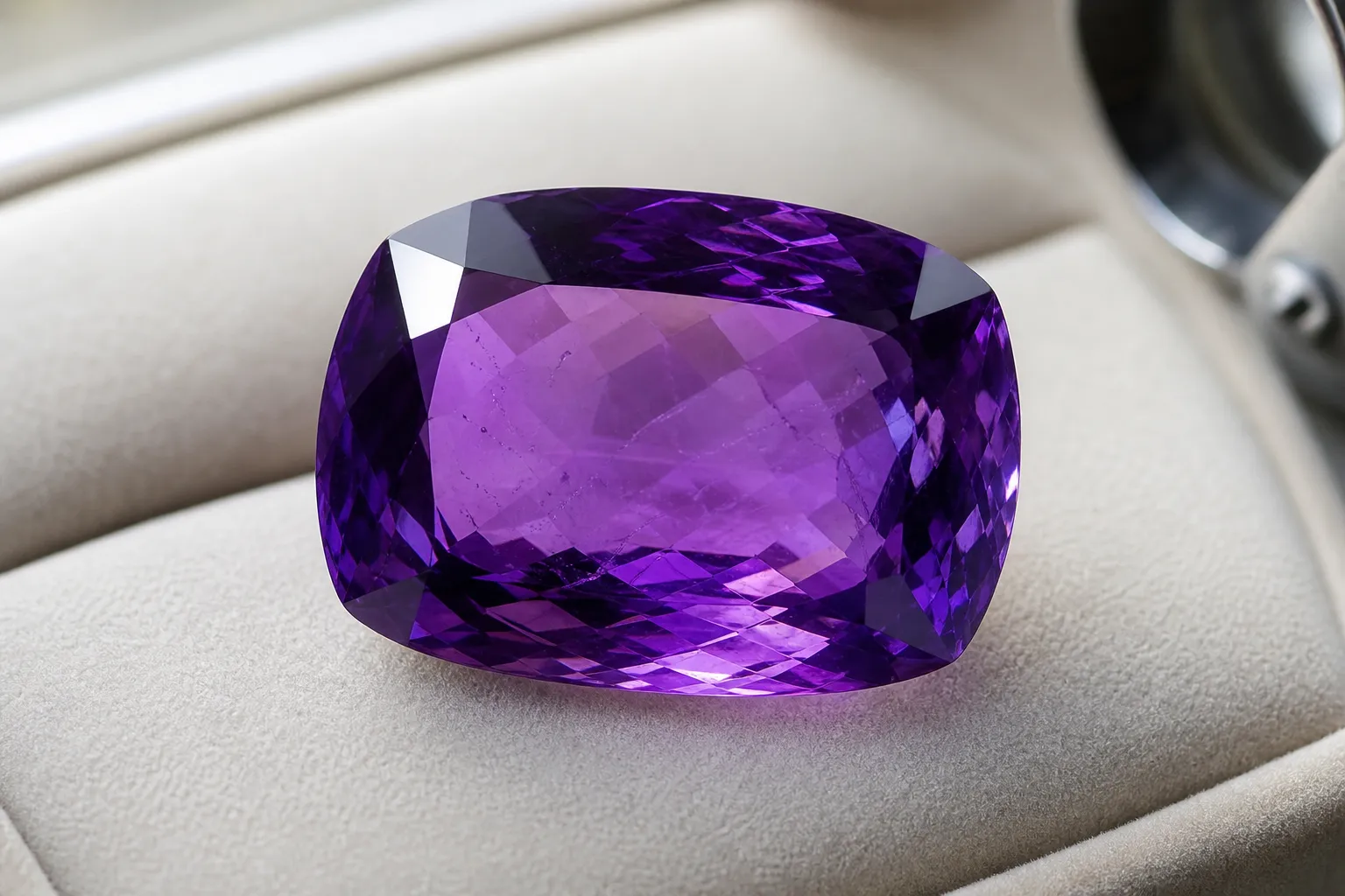 Vivid purple amethyst viewed face up with small inclusions that remain secondary to the color